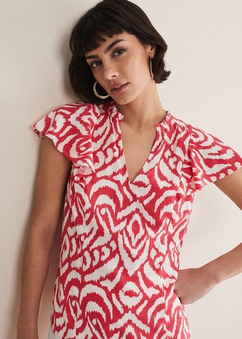 Phase Eight Dalia Ikat Ruffle Shirts Red/White USA | 4273861-PG